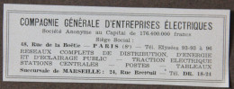 Publicité : S.A. Compagnie Générale D'Entreprises Electriques, Paris Et Marseille, 1951 - Publicités