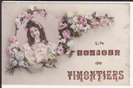 FANTAISIE - ORNE - Un Bonjour De VIMONTIERS ? Avec Portrait De Jeune Femme Et Fleurs - Vimoutiers