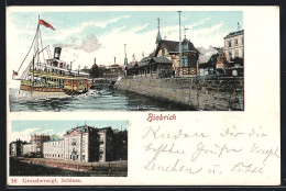 Lithographie Biebrich / Rhein, Uferpartie Mit Dampfschiff, Grossherzogl. Schloss  - Other & Unclassified