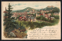 Lithographie Blankenburg / Harz, Gesamtansicht Mit Villen, Schloss Und Hirschgruppe  - Blankenburg
