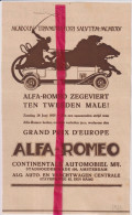 Pub Reclame - Alfa Romeo Grand Prix D'Europe - Orig. Knipsel Coupure Tijdschrift Magazine - 1925 - Werbung
