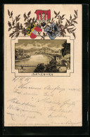 Lithographie Salzburg, Panorama, Wappen Mit Lorbeer Und Eichenlaub  - Autres & Non Classés