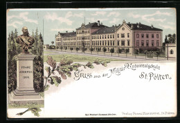 Lithographie St. Pölten, Militär-Unterrealschule, Denkmal Franz Joseph I.  - Other & Unclassified