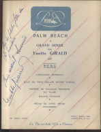 AUTOGRAPHE -  YVETTE GIRAUD SUR MENU DU PALM BEACH DU 25 AOUT 1954 ET CARTE POSTALE - FORMAT 28 X 21.5 CM  - Autres & Non Classés