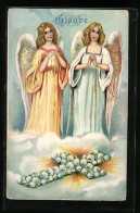 Präge-AK Engel Beten über Kreuz Aus Blumen, Glaube  - Engel