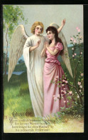 AK Glaube, Engel Wacht über Eine Hübsche Junge Frau In Rosafarbenem Kleid  - Engel