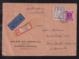 BRD Bund 1952 Einschreiben Mischsendung Luftpost 2DM + 5Pf Posthorn WUPPERTAL RONSDORF X SAO PAULO Brasilien - Cartas & Documentos