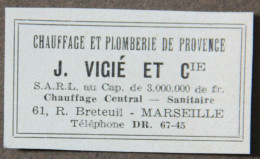 Publicité : J. Vicié Et Cie, Chauffage Et Plomberie De Provence, Marseille, 1951 - Werbung