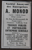 Publicité : S.A. Des Entreprises A. MONOD, Travaux Publics Et Particuliers, Paris, Marseille, 1951 - Werbung