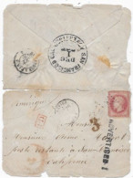 Lettre De LEVIER DOUBS 1869 P/ USA Timbre GC S N° 31 +  Griffe ADVERTISED Et Càd Verso Poste Restante Support Défectueux - 1863-1870 Napoleon III Gelauwerd