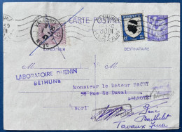 Entier Carte Postale 1FR20 IRIS Violet Repiquage Privé Laboratoires DHENIN, TAXÉ , Retour à L'envoyeur, Puis Réexpédié ! - Cartoline Postali Ristampe (ante 1955)