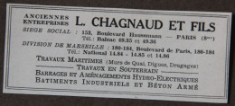 Publicité : L. CHAGNAUD Et Fils, Barrages, Aménagements Hydro-Electriques, Béton Armé, Paris, Marseille, 1951 - Advertising