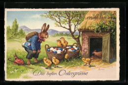 Künstler-AK Osterhase Und Küken Bestaunen Die Bunten Eier  - Ostern