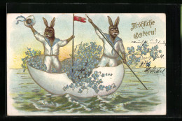 Präge-AK Osterhasen Rudern Im Ei über Das Wasser  - Easter