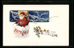 AK Merry Christmas Greetings To You, Weihnachtsmann Mit Geschenksack Auf Dem Schornstein  - Kerstman