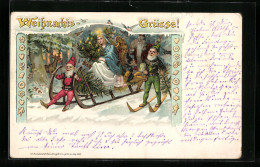 Lithographie Weihnachts-Grüsse!, Wichtel Auf Skiern Begleiten Das Christkind Auf Schlitten  - Other & Unclassified