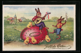 AK Osterhase Gitarre Spielend Auf Einem Osterei, Küken Und Ein Zweiter Hase Tanzen  - Easter