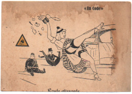 Humour : Illustration - P. Daries : " En Code " : Pin-up - Automobile : Route Glissante - Humor