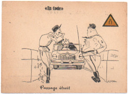 Humour : Illustration - P. Daries : " En Code " : Pin-up - Automobile : Passage étroit - Humor