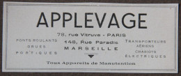 Publicité : Applevage, Ponts Roulants, Grues, Paris Et Marseille, 1951 - Advertising