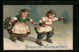 AK Holländisches Kinderpaar Auf Schlittschuhen, Weihnachtsgruss  - Figure Skating
