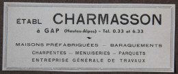 Publicité : Ets CHARMASSON à Gap (Hautes-Alpes), Maisons Préfabriquées, Baraquements, 1951 - Publicités