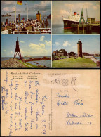 Ansichtskarte Cuxhaven 4 Bild Bake, Leuchtturm, Schiff 1959 - Cuxhaven