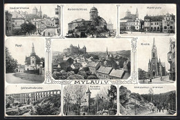 AK Mylau I. V., Kaiserschloss, Marktplatz, Kirche, Post, Göltzschtalbrücke Und Ortsansicht Aus Der Vogelschau  - Mylau