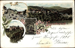 Lithographie Lauenstein Altenberg Im Erzgebirge, Marktplatz, Schloss, Kirche, Ortspanorama - Other & Unclassified