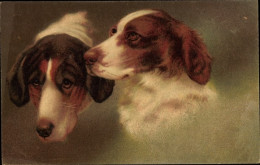 Artiste CPA Hundeportraits, Zwei Braun Weiße Hunde Mit Mittellangem Fell - Autres & Non Classés