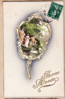 27390 / ⭐ BONNE ANNEE Embossed Médaillon Ajouti 31-12-1910 à Elise AUGER 19 Rue Ferdinand St Saint Etienne - New Year