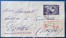 Lettre Recommandé 1937 N°338a  3FR Violet JEAN MERMOZ Oblitéré De PARIS XIV Annexe 1 Pour VITTEL TTB - Storia Postale