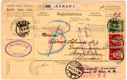 Schweiz 1923, 10 C.+2x1 Fr. Auf Paketkarte V. Aarau N. Schweden. - Briefe U. Dokumente