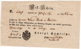 Sachsen 1854, Postschein F. Einen Wertbrief V. Schellenberg N. Dresden - Sachsen