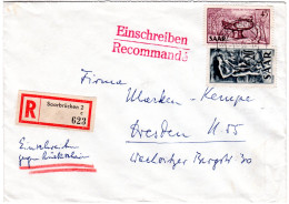 Saar 1956, 20+45 F. Auf Portorichtigem Einschreiben-Rückschein Brief  - Briefe U. Dokumente