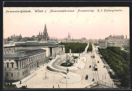 AK Wien, Franzensring Mit Strassenbahnen Und Monumentalbrunnen Aus Der Vogelschau, Parlament, Hofburg  - Strassenbahnen