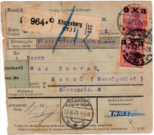 DR 1921, MeF Paar 3 / 1 1/4 Mk. Auf Paketkarte V. Königsberg Ins Memelgebiet - Lettres & Documents