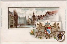 München, Marienplatz U. Wappen, Ungebr. Präge-Farb-Litho-AK - Other & Unclassified