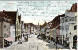 Freising, Hauptstrasse M. Geschäften, Fuhrwerken U. Personen, 1913 Gebr. Farb AK - Other & Unclassified
