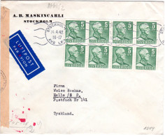 Schweden 1942, 8er-Block 5 öre Auf Luftpost Zensur Brief V. Stockholm N. Halle - Covers & Documents