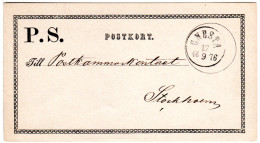 Schweden 1876, Portofreie P.S. (Postsache) Postkarte V. GNESTA N. Stockholm. - Storia Postale