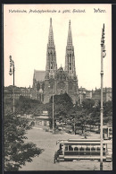 AK Wien, Votivkirche, Probstpfarrkirche Zum Göttl. Heiland Und Strassenbahn, Kiosk  - Tranvía