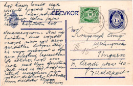 Norwegen 1923, 15 öre Ganzsache M. Zusatzfr. U. Bahnpost V. Trondheim N. Ungarn - Brieven En Documenten