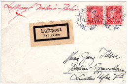 Schweden 1926, Paar 15 öre Auf Luftpost Brief Malmö-Berlin M. Rs. Ank.Stpl. - Cartas & Documentos