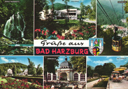 BAD HARZBURG, MULTIPLE VIEWS, WATERFALL, ARCHITECTURE, PARK, UMBRELLA, TERRACE, CABLE CAR, EMBLEM, GERMANY, POSTCARD - Bad Harzburg