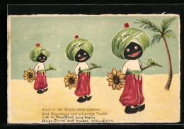 AK Kleine Afrikaner Mit Sonnenblumen In Der Wüste, Kolonialhumor  - Humour