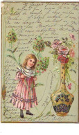 Carte Gaufrée Et Paillettes - Fillette Portant Des Fleurs Près D'un Vase - Sonstige & Ohne Zuordnung