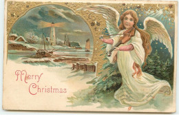 Carte Gaufrée - Merry Christmas - Ange Gardien Jouant Du Violon - Bateaux Et Phare - Autres & Non Classés