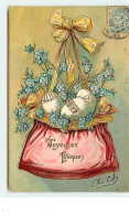 Carte Gaufrée - Joyeuses Pâques - Sac Rempli D'oeufs Et De Fleurs - Ostern