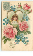 Carte Gaufrée - Pensez à Moi - Portrait D'une Fillette Dans Un Médaillon En Forme De Coeur Au Milieu De Roses - Sonstige & Ohne Zuordnung